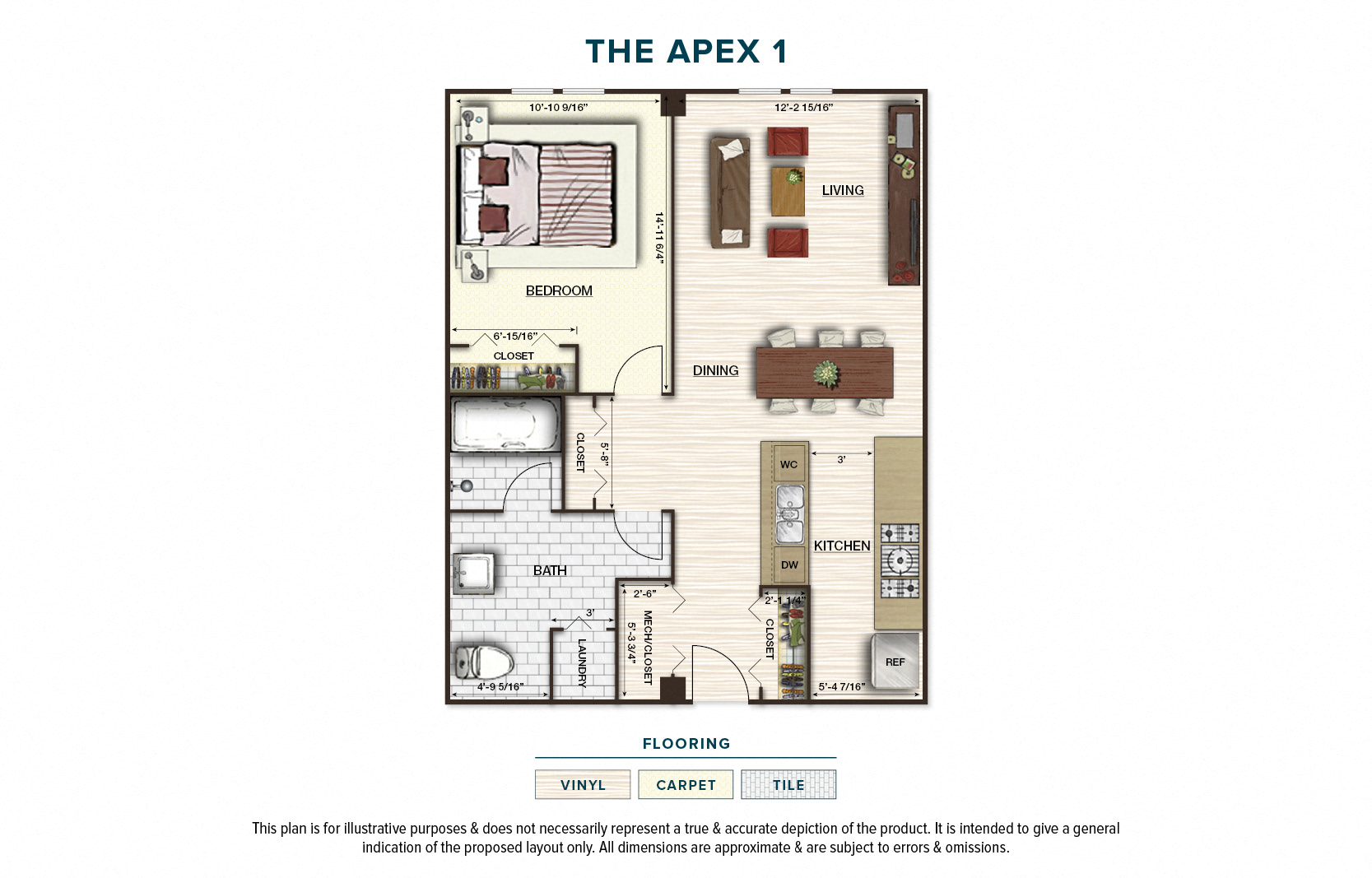 Floor plan for 1 bed, 1 bath, 713 sqft